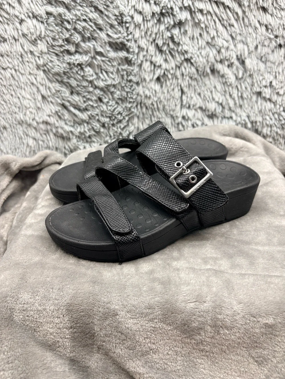 Vionic Rio Lizard Sandals Womens 6 Black Platform Pacific Slide Hook & Loop